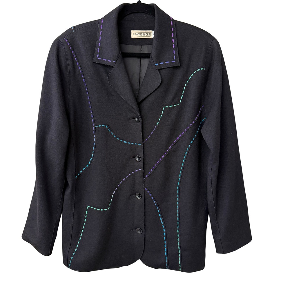 Vintage Canvasbacks Womens Artsy Pick Stitch Wool Blazer Size M Teacher Black